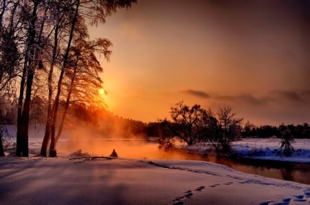 Winter morning - amazing, snow, sunrise, steps, dawn, mist, lake, sky, trees, winter, water, beautiful, morning, lovely, orange, glow, river, sunset, rays, fiery