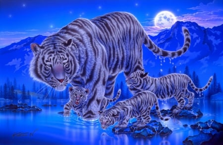 Walk - sky, animals, water, fantasy, white, painting, art, cold, family, moonlight, moon, mountain, cat, winter, mother, lovely, snow, blue, wild, beautiful, reflectioin, tiger