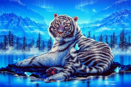 The king of forest - sky, mountain, cat, trees, king, fantasy, painting, art, forest, reflection, wild, blue, beautiful, big, animal, tiger