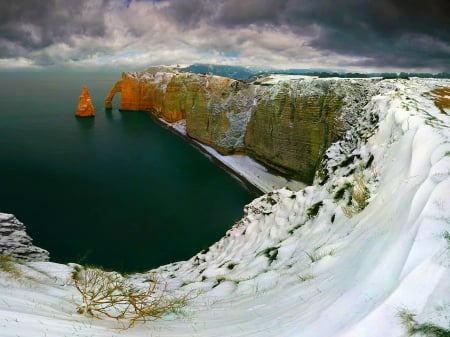 Etretat, Normandy, France - sky, water, rocks, amazing, view, france, clouds, normandy, formation, emerald, snowy, cliffs, ocean, mountain, winter, majestic, shore, lovely, shape, snow, beautiful, sea