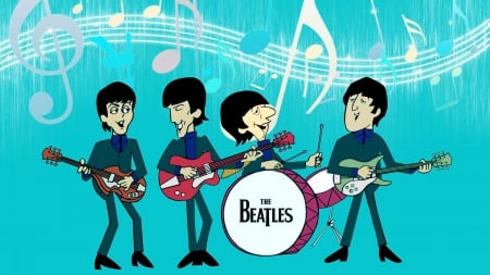 THE BEATLES Cartoon On Stage - guitar, blue, beatles, cartoon, photoshop, music, band