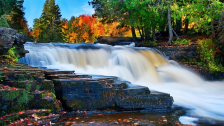 wonderful waterfall in autumn - waterfall, autumn, forest, steps, rocks, leaves