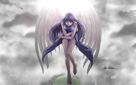 Anime - wings, light, loneliness, grey clouds, anime, angel