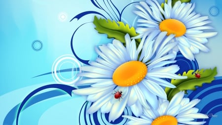 Decorate with Daisies - summer, blue, spring, ladybugs, leaves, flowers, daisies, Firefox Persona theme, fresh, chamomile, lady bug