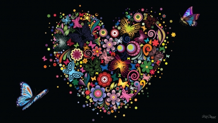 Heart of Many Colors - heart, black, bright, abstract, february, folk art, valentines day, flowers, colors, butterflies