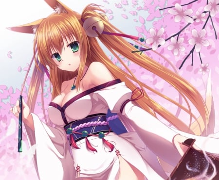 Yuzu Modoki - pretty, anime gril, anime, magic, female, animal ears, dress, green eyes, long hair, flowers, nice, game, trees, beautiful, beauty, kimono, brown hair, cool, sweet, Yuzu Modoki, cg, fantasy, awesome, cute, sexy