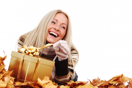 Golden Surpriseâ™¥ - autumn, girl, present, shiny, fall, bow, smile, golden, happy, blonde