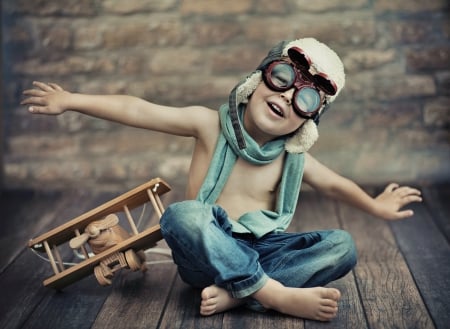 Small Aviator - helmet, glasses, jeans, boy, toy, airplane