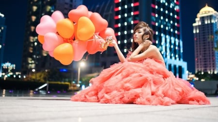 Beauty - glamour, femininity, magnifique dress, beauty, brunettes, city, oriental, woman, model, balloons