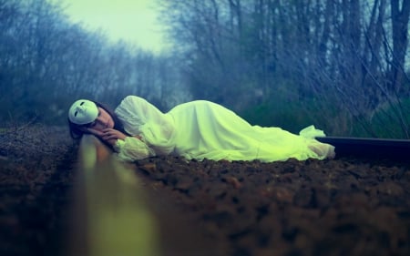 Sleeping Beauty - railroad, mask, woman, beauty, sleeping