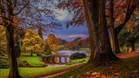 lovely bridge in a serene park scene - autumn, lake, trees, park, colorful, creek, lawn, beautiful, color, outdoor, bridge