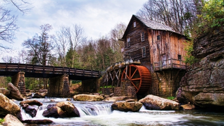 beautiful mill at a rapid river - river, mill, forest, rapids, bridge