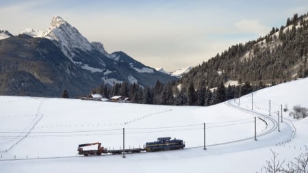 repair train climbing the tracks in winter - winter, train, mountains, tracks