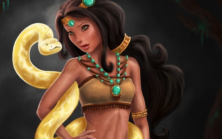 Fantasy girl - fantasy, yellow, snake, green, pendant, girl, princess, art