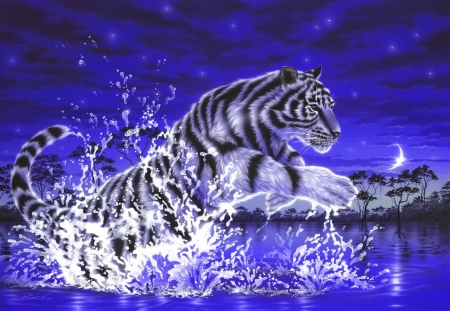 Power of life - blue, splash, power, art, sky, moon, water, beautiful, sea, lovely, tiger, ocean, life, cat, fantasy, big, painting, wild