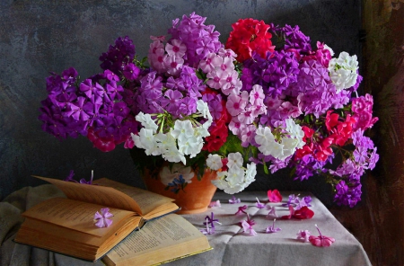 Still life - nice, elegance, fragrance, colorful, tender, book, lovely, still life, vase, pretty, petals, beautiful, table, scent, flowers, harmony