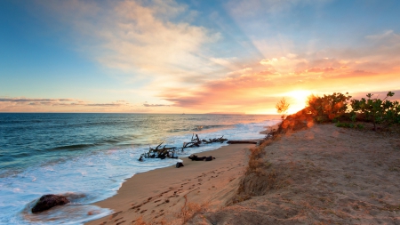 footprints on a beach at surise - rays, beach, fooprints, sea, dunes, sunrise