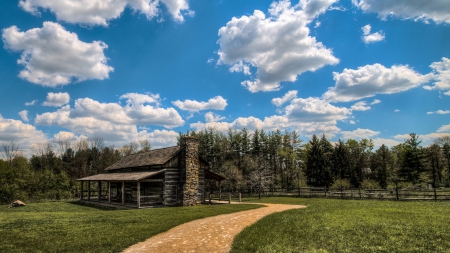 lovely wooden cabin in the backwoods - clouds, fireplace, cabin, driveway, grass, forest