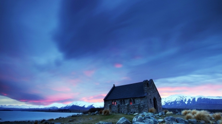 lovely stone church on bay side - church, twilight, shore, stones, bay