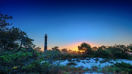 tall lighthouse among beach shrubs at twilight hdr - sky, beach, lighthouse, twilight, hdr, shrubs