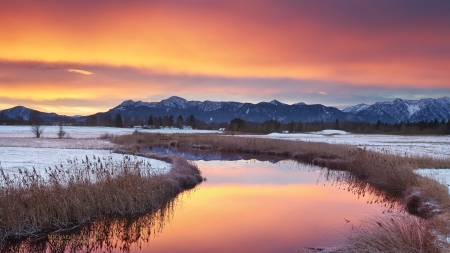 calm river in winter - winter, calm, sunset, river