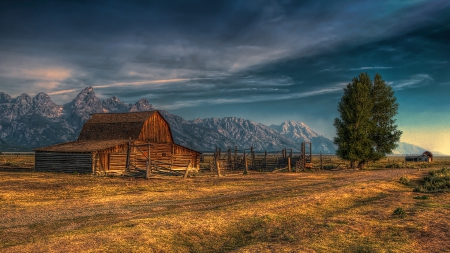 wooden barn on the prairie hdr - farm, trees, landscape, mountains, storm, clouds, house, hdr, prairie, barn