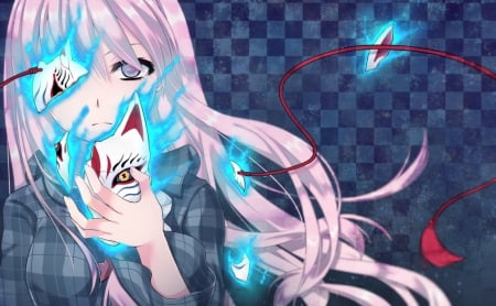 The Shattered Mask - hata no kokoro, touhou, mask, long hair, pink hair, anime