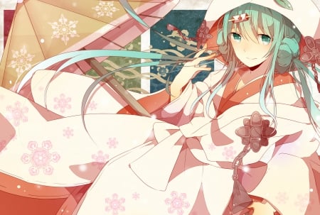 ~Yuki Miku~ - vocaloid, yuki miku, anime, japanese clothes, umbrella, snowflakes, hatsune miku, long hair