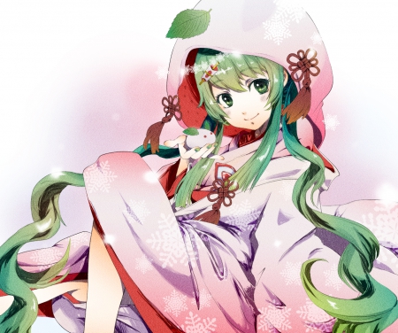 ~Lady Winter~ - hatsune miku, long hair, winter, leaf, snowflakes, bunny, yuki miku, green eyes, vocaloid, beautiful, anime, japanese clothes, green hair