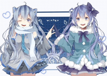 Hatsune & Yuki Miku - snowman, bows, hatsune miku, skirt, long hair, ponytails, yuki miku, vocaloid, tie, anime, friends, wink, sisters