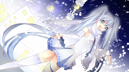 Blissful Wintertime - winter, vocaloid, scarf, anime, long hair, skirt, ponytails, yuki miku, snow, hatsune miku