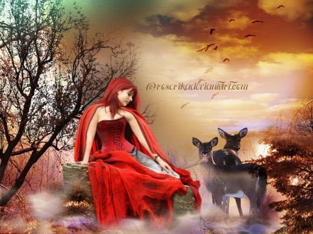 ~Red Winter~ - people, creative pre-made, snow, holidays, photomanipulation, deers, beautiful girls, red winter, beloved valentines, red, winter, softness beauty, backgrounds, digital art, weird things people wear, xmas and new year, fantasy, redhead, lady, model