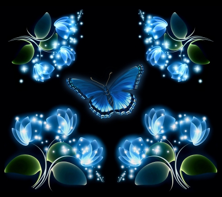 ~Glowing Flowers~ - nature, butterfly, art, glowing, blue, beautiful, wings, flowers