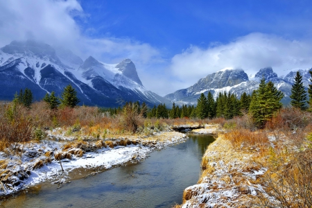 Spring in the Rocky Mountains - landscape, mountain, trees, winter, shore, peaks, speing, clouds, snow, river, beautiful, grass, rocky mountains, cliffs