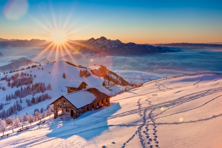 Winter sunset - amazing, landscape, snow, mountain, view, frost, sky, house, winter, beautiful, slope, lovely, village, dazzling, glow, sunset, rays, cottages