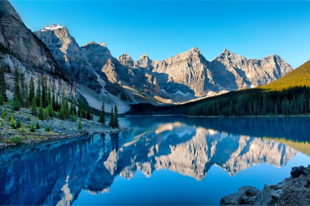 Crystal blue lake - rocks, clear, cliffs, quiet, view, mountain, crystal, mirrored, landscape, serenity, shore, blue, lake, sky, calmness, reflection, trees