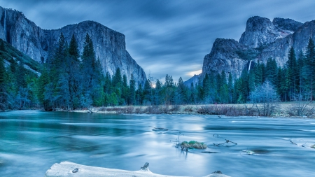 gorgeous seafoam colored river in yosemite hdr - river, log, hdr, cliffs, forest, mountains