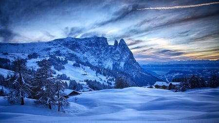 mountain lodges in winter at dawn - lodges, dawn, winter, mountains