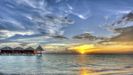 gorgeous stilted bungalows in a maldives sunset hdr - stilts, beach, bungalows, hdr, sunset, sea