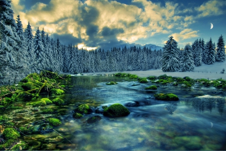 Winter River - sky, landscape, trees, clouds, snow, water