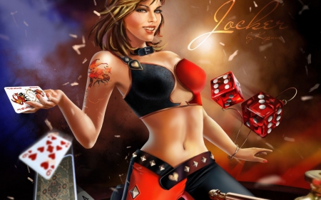 Jocker - play, girl, blonde, black, fantasy, jocker, red, woman, dice, card, kajenna