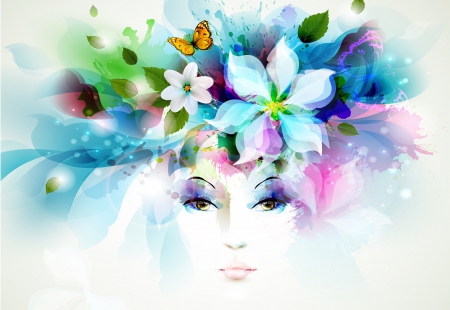 Face Fantasy - spray, flowers, butterflies, girl, eyes, petals, leaves