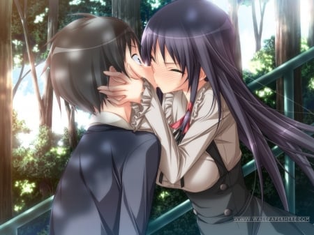 That first long kiss. - kissing, girl, trees, long hair, woods, kiss, boy, steps, cute