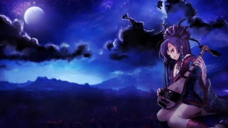 Under the moonlight - sky, moonlight, anime, girl, night, blue