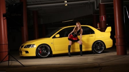 Model Beside Mitsubish - babe, yellow, black wheels, spolier