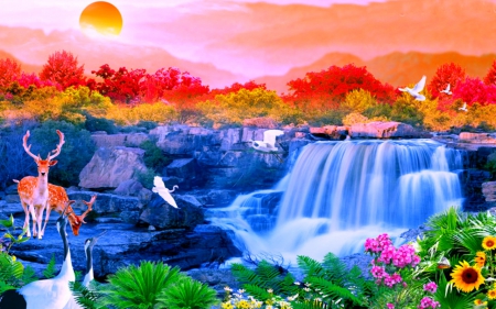 Beautiful place - colorful, tree, falls, birds