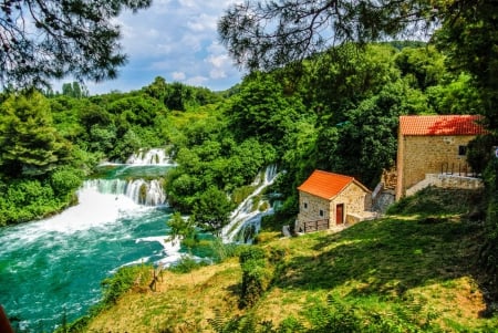 Krka national park-Croatia - summer, grass, forest, shore, view, Croatia, emerald, houses, sky, greenery, national park, trees, water, beautiful, vacation, slope, lovely, rest, river, waterfall, cottages