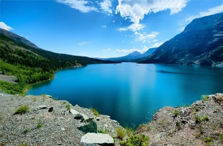 Blue lake - lake, landscape, mountain, shore, clear, lovely, rocks, nature, crystal, view, reflection, sly, lakeview, blue, beautiful, waters