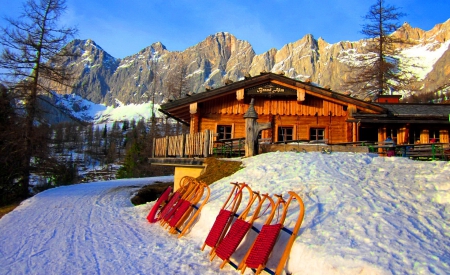 Ramsau ski resort - ski, cabin, snow, mountain, sledge, cliffs, ramsau, hotel, cottage, sky, house, trees, winter, vacation, Austria, resort, rest, chalet, rocks