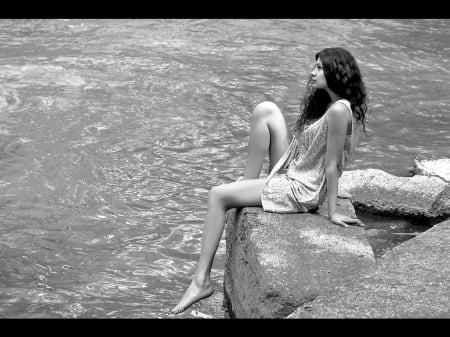 I Am happy With What I Have - woman, seaside, alone, think, beautiful, black and white, sweet, lovely